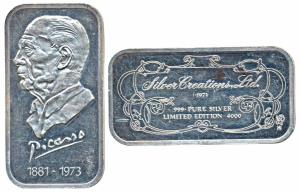 Picasso, Silver Bar, 31.1g, obv. portrait of the famous painter and his signature with dat