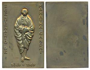 Mahatma Gandhi, Bronze Medallion, obv. Gandhiji walking, with Birth Centenary 1869-1969 in