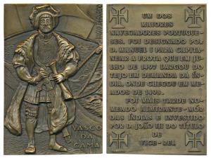 Vasco Da Gama, Rectangular Heavy Bronze Medal, 250g, obv. full length in European attire, 