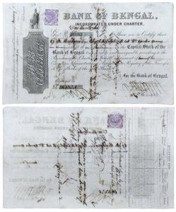 Bank of Bengal, one Share of 1000 Government Rupees, January 1876 (dated on the front, alo