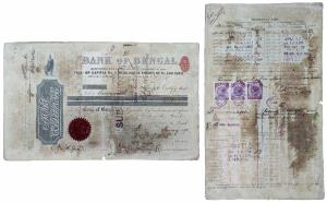 Bank of Bengal, one Share of 1000 Rupees, December 1898 (dated on the front). With three V