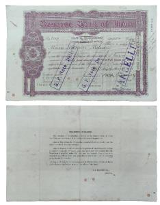 Reserve Bank of India, Share Certificate, dated 26th March 1935, Calcutta Issue, logo of t