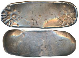 Archaic Punch Marked Coinage, attributed to Gandhara Janapada, Bent Bar, Silver 5 Shana, 1