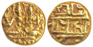 Vijayanagar Empire, Hari Hara II, Gold ½ Pagoda, 1.71g, obv. Shiva-Parvati seated, Siva ho
