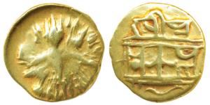 Vijayanagar Empire, Achyuta Deva Raya, Gold ½ Pagoda, 1.65g, obv. Gandabherunda (2-headed 