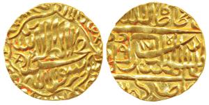 Akbar, Gold Token, 10.26g, stylization that of a Mohur of Agra Mint, Kalima on obv., AH 91