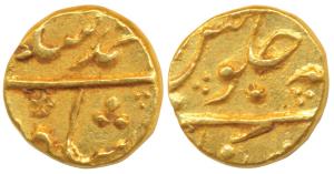 Muhammad Shah, Gold 1/3 Mohur / Rupees 5, 3.84 g, Khujista Bunyad Mint, unlisted in KM. Ve