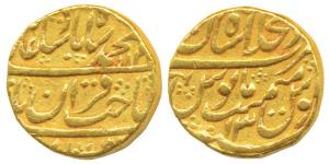 Muhammad Shah, Gold Mohur, 10.86g, Dar-ul-Khilafat Shahjahanabad Mint, sahib-i-qiran coupl