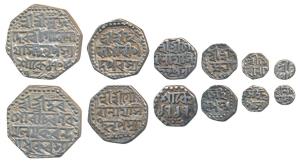 Gaurinath Simha (SE 1702-1718, 1780-1796 AD), set of 6, Silver Rupee, ½, ¼, 1/8, 1/16 and 