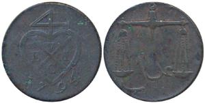 Copper Pice / 4 Reas, 1794, obv. bale mark, rev. scales (Prid 132, KM 193). Very Fine, cir