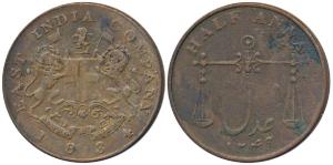 Copper ½ Anna, 12.56g, 1834, obv. coat of arms of the EIC and date below, rev. scales and 