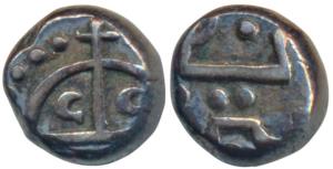 Madras Mint, Silver Fanam, 1.16g, obv. bale mark, rev. Angrez Company in Persian, Benculen