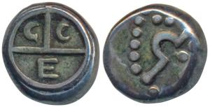Madras Mint, Silver 2 Fanams, 2.23g, obv. bale mark, rev. Angrez Company in Persian, Bencu