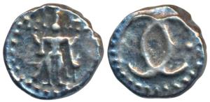 Silver Fanam, 0.75g, second issue, obv. complete figure of Vishnu standing, rev. dot and i