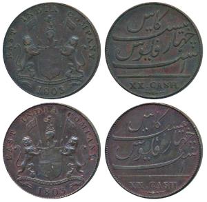 Copper 20 Cash (2), 12.84g & 12.31g, both heavy issue, obv. coat of arms of the EIC and da