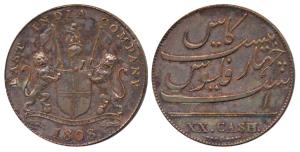Copper 20 Cash, 9.41g, light issue, obv. coat of arms of the EIC and date 1808, rev. value