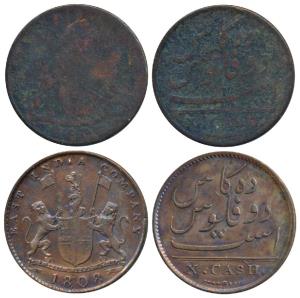 Copper 10 Cash, 5.7g & 4.66g, obv. coat of arms of the EIC and date 1803 & 1808, rev. valu