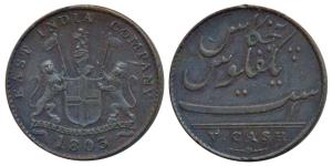 Copper 5 Cash, 3.05g, obv. coat of arms of the EIC and date 1803., rev. value in English. 