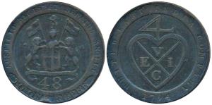Copper Dub or 1/48 Rupee, 12.95g, 1794, obv. coat of arms of the EIC, rev. bale mark, Engl