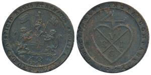 Copper Dub or 1/48 Rupee, 13.29g, 1797, obv. coat of arms of the EIC, rev. bale mark, Engl