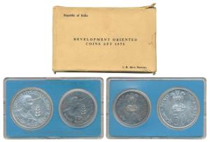 1975 Uncirculated Set, Equality Development and Peace, set of 2, Rupees 10 and 50. In near