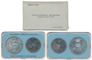 1977 Uncirculated Set, Save for Development, set of 2, Rupees 10 and 50. In near immaculat