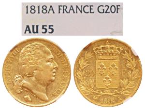 France, Louis XVIII, Gold 20 Francs, 6.37g, 1818A, Paris Mint, rev. crowned arms with fleu
