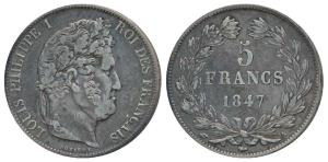 France, Louis Philippe I, Silver 5 Francs, 24.8g, 1847 (KM 749.13). About Very Fine.