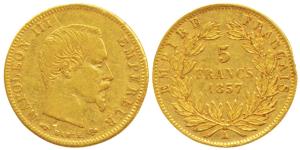 France, Napoleon III, Gold 5 Francs, 1.62g, 1857A, Paris Mint, obv. bare head variety, (KM