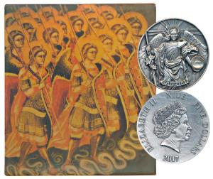Niue, Elizabeth II, Antique Finish Silver 5 Dollars, 65g, 2017, rev. Gabriel holding a a g