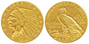 United States of America, Gold $2½, 4.11g, 1914, Indian Head on obv. Motto ‘IN GOD WE TRUS