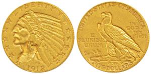 United States of America, Gold $5, 8.4g, 1912, Indian Head on obv., Motto ‘IN GOD WE TRUST