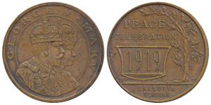 Peace Celebration, Copper, obv. conjoined busts of George V and Mary, rev. Calcutta School