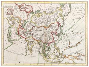 1819 Hand coloured vaugondy Atlas of Asia. Hand coloured copper engraving print showing a 