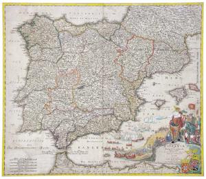 Decorative example of Homann's earliest map of Spain, Portugal and the Balleric Islands, w