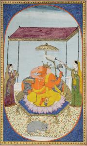 The four-armed form of the elephant-headed deity is seated on a gold throne with a chhatra