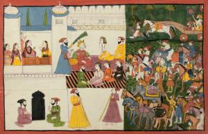 The elder grey-haired king Dasarath of Ayodhya sits on a striped carpet - fanned by an att