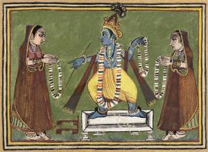 Krishna stands barefoot on a low stool (chowki) with his sandals on the floor, wearing a y