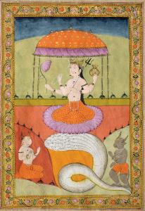 The painting of Manasa depicts the four-armed crowned goddess sitting on a lotus under a d