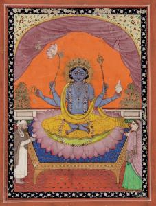 The blue-coloured deity is depicted sitting in padmasana on a lotus with a raised dais in 