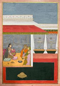 This extremely refined painting depicts the month of Agahana in a Baramasa (Songs of the T