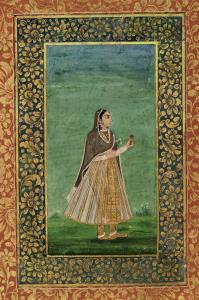 A woman depicted in profile standing in a landscape, wearing translucent peshwaz and grey 