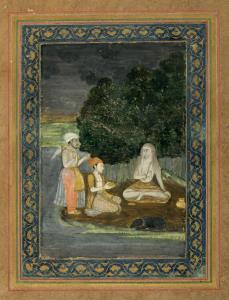 The yogi, as often depicted, sits in the shade of a banyan tree and has long straggly hair