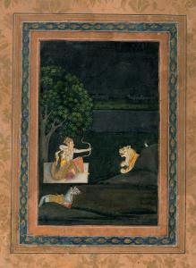 In a dark forest setting by a silvery river - a nayaka (a valiant lord) dressed as a Mugha