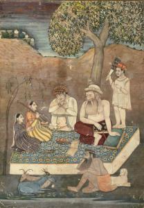 A youthful Mughal Emperor Akbar sits with his knees wrapped on a carpeted plinth and benea