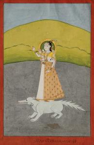 The Goddess Ganga stands atop her vehicle an alligator / Makara on a silvery river. A curv