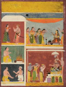 At the upper left a messenger speaks with a sakhi (confidante) against the brilliant red b