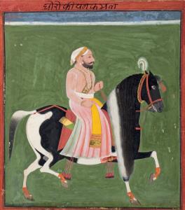 A black and white piebald horse ridden by an anonymous syce (groom). On the accession of A