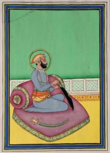 A sensitively rendered portait of nimbate (haloed) Maharana, with realistic facial feature