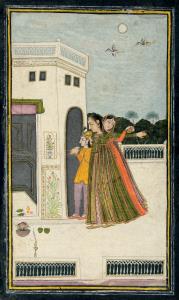 On a moonlit night on a white palace terrace, birds fly past as a drunken princess, unstea